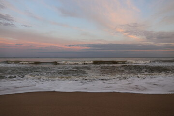 blue pink sky at sunset by the sea