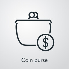 Icono lineal con texto Coin purse con monedero con símbolo de dólar en círculo en fondo gris - obrazy, fototapety, plakaty