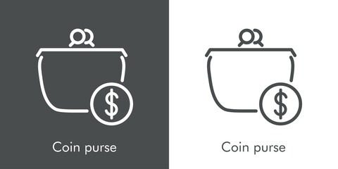 Icono lineal con texto Coin purse con monedero con símbolo de dólar en círculo en fondo gris y fondo blanco - obrazy, fototapety, plakaty