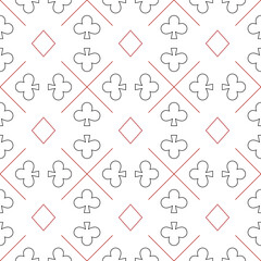 Seamless pattern with Playing card suits. Diamonds, Clubs. Endless background. Vector outline illustration.