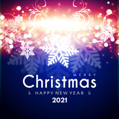 Merry Christmas and Happy New 2021 Year Shining Background. Elegant New Year Decoration with Stars, Snowflakes, Gold Garlands, Shining Lights and Bokeh Effect