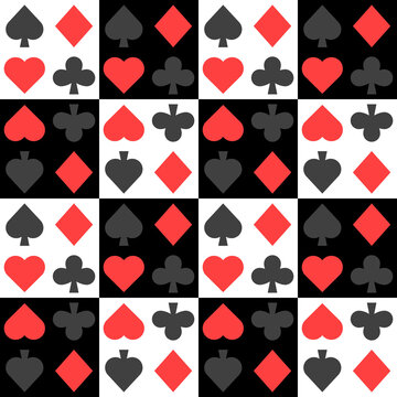 Seamless pattern with Playing card suits. Hearts, Spades, Diamonds, Clubs. Endless background. Vector illustration.