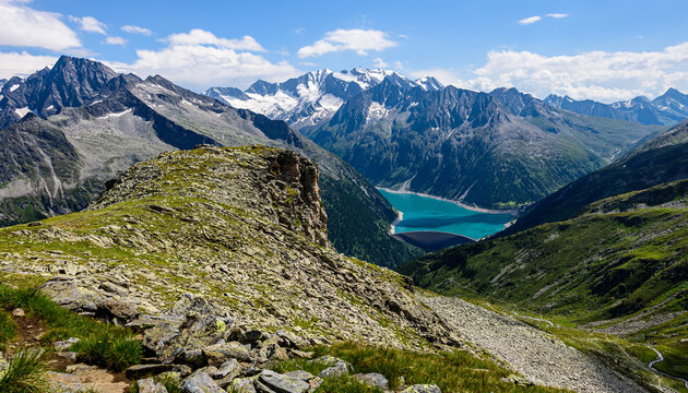 Lake Schlegeis is located in the Zillertal valley, underneath the famous Olperer mountain hut.