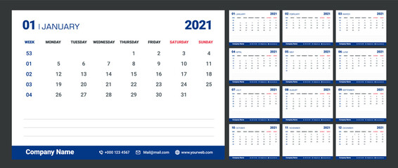 2021 calendar with week numbers. Week Starts on Monday. Planner diary in a minimalist style. Design template.