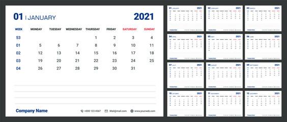 Calendar template for 2021 year. Planner diary in a minimalist style. Week Starts on Monday. Monthly calendar ready for print.