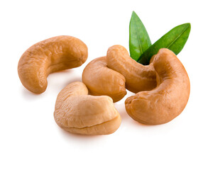 Roasted cashew nuts with green leaves isolated on white background. Macro, studio shot