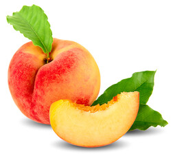 Peach isolate. Peach slice. Peach with leaf on white background. Full depth of field. With clipping path.