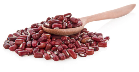 Red beans in wooden spoon isolated on white background