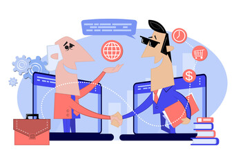 Two people conclude contract. Entrepreneurship funding, business contract, idea financing. Vector illustration