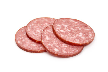 Salami smoked sausage slices, close-up, isolated on white background.