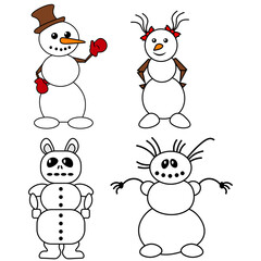 Set of funny vector snowmen. Illustration on the theme of holiday and recreation.