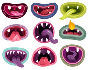 Monster mouth. Funny jaws, laugh bizarre creatures. Maw, tongue and mutant character mouths with teeth, funny facial expressions, halloween cartoon decoration elements vector isolated set