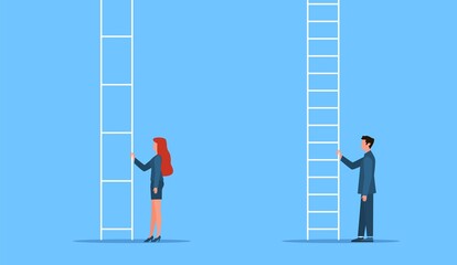 Gender equality. Genders gap, man and woman stand at career ladder, different opportunities. Female discrimination, injustice and sexism symbol feminism and women rights vector flat concept