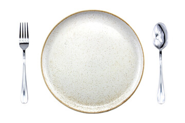 Empty white plate spoon and fork isolated on white background.