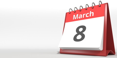 March 8 date on the flip calendar page, 3d rendering