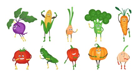 Cute and funny vegetable character set, flat vector illustration. Happy cartoon kohlrabi, broccoli, sweet corn, onion, carrot, tomato, cucumber, pumpkin, garlic, red pepper with faces. Healthy food.