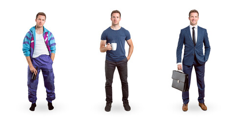 Full body portraits of the same young man in different appearances