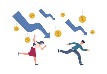 Fototapeta na wymiar Finance crisis concept. Running depressed people falling arrows and coins, global economic money problem, bankruptcy unpaid loan debt, investment failure company startup collapse vector set