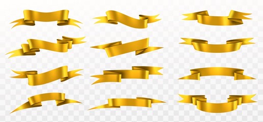 Golden ribbon set. Realistic gold curved ribbons, empty shine yellow decorative element, festive waved elegance tapes, blank decor vector isolated on transperent background templates