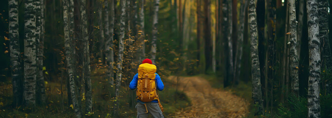 tourist in the autumn forest on a forest road, an adventure in the October forest, one man autumn landscape hiking