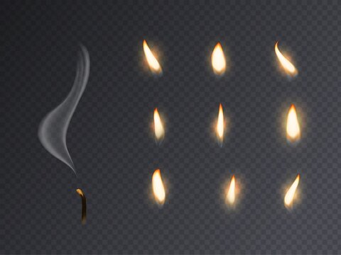 Candle fire flame. Realistic candlelight burning, extinguished with smoke 3d candles light and varios flames collection for animation picture, vector set on transparent background