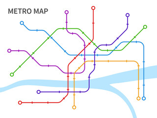 Subway map. Scheme underground and overground transport urban railway, graphic plan line connection city public transport network, colorful railroads and stations vector illustration