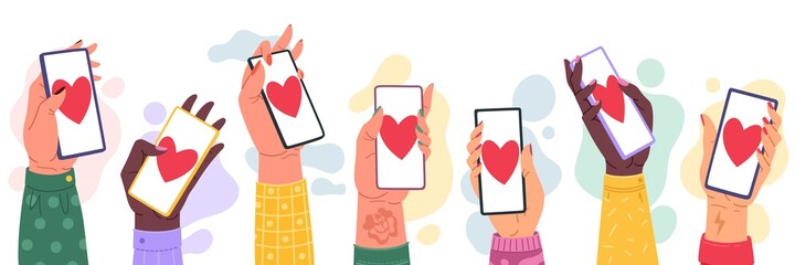Sharing love hands with phones. Dating apps with hearts display, partner search mobile technology, remote romantic relationship getting likes social media communication cartoon vector set