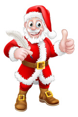 Santa Claus cartoon character holding a quill pen and giving a thumbs up. Christmas gift, naughty and nice list or letter to Santa concept.