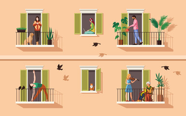 Balcony with people. Persons communicate, relax, playing music and doing yoga on balconies, apartment building characters in flats covid-19 pandemic, stay home flat vector concept