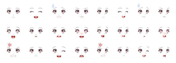Manga expression. Girl eyes, mouth, eyebrows anime woman faces. Female character in cartoon japanese or korean kawaii style various emotions, people feelings symbol vector isolated set