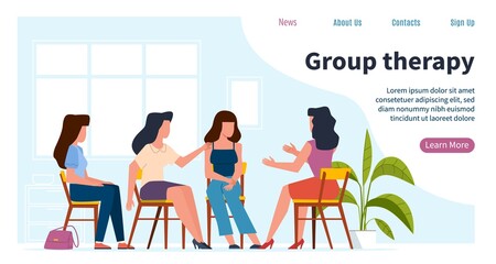 Women therapy. Psychologist consulting females group with psychology problems. Depression, burn out syndrome and stress, psychoanalysis session and coach consultation vector landing page