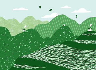 Green hills with tiny white houses, vector landscape illustration