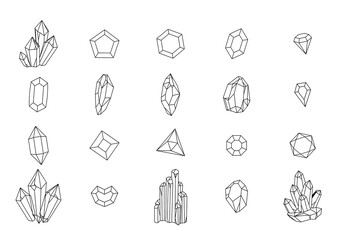 Set of geometric crystals. Black and white line crystals and hand drawn stones, luxury stalagmites and stalactites, black outline elements isolated on white background vector collection