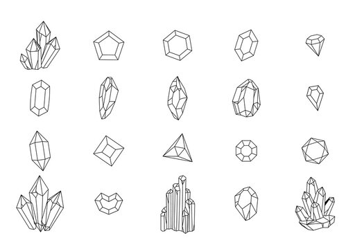 Set of geometric crystals. Black and white line crystals and hand drawn stones, luxury stalagmites and stalactites, black outline elements isolated on white background vector collection