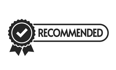 Recommended icon vector, black and white recommendation rosette stamp with check mark tick, trusted or assurance label badge pictogram isolated - obrazy, fototapety, plakaty