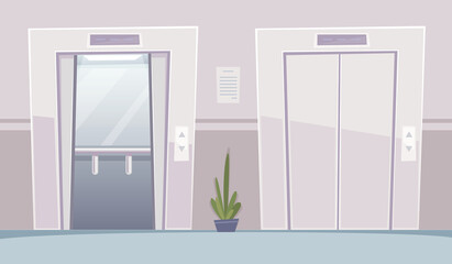 Business hall elevator. Office building with opened an closed doors elevators vestibule interior vector cartoon background. Illustration office interior, lobby lift indoor