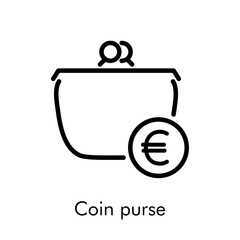 Icono lineal con texto Coin purse con monedero con símbolo de euro en círculo en color negro - obrazy, fototapety, plakaty