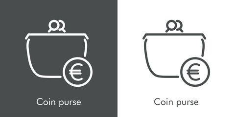 Icono lineal con texto Coin purse con monedero con símbolo de euro en círculo en fondo gris y fondo blanco