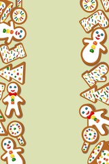 New Year Christmas background. 2021. Seasonal pattern. Festive curly cookies. Color image of sweet gingerbread with decorative elements. Vertical layout. There is room for text. Vector illustration.