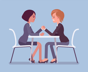 Arm wrestling between two business opponents, businesswomen in competition. Strategy to achieve and sustain competitive success, industry professionals battle. Vector flat style cartoon illustration
