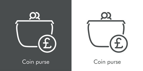 Icono lineal con texto Coin purse con monedero con símbolo de libra sterling en círculo en fondo gris y fondo blanco