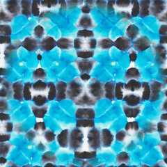 Tie Dye Background. Ethnic Print. Geo Bohemian Prints. Blue Hippie Ornament. Creative Background. Blue Tile. Watercolor Texture. Space Dyed Fabric.