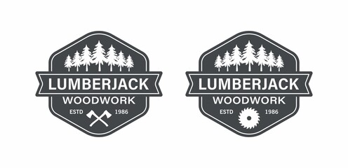 Set of black and white illustrations of crossed axes, forest, circular saw, text on white background.Vector illustration in vintage style for logo, emblem. Lumberjack logo. Woodworking.