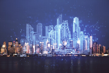Obraz premium Double exposure of buildings hologram over cityscape background. Concept of smart city.