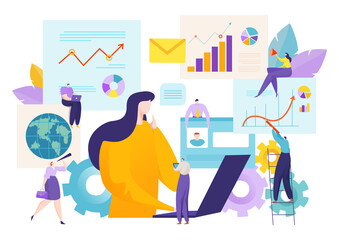 Business leader and teamwork concept, vector illustration. Analysis flat team at office, people character design analytics chart. Cartoon abstract graphic presentation for woman boss.