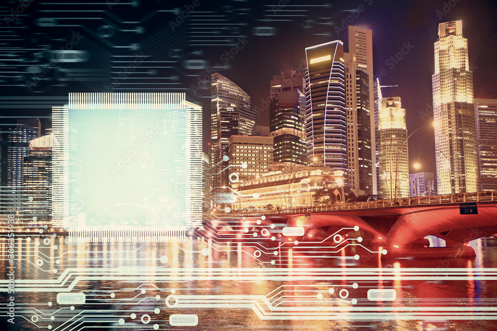 Poster data theme hologram drawing on city view with skyscrapers background multi exposure. ai concept.
