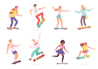 Fototapeta na wymiar Urban skateboarders. Outdoor characters riders in action poses jumping skaters vector skateboard. Skateboard and skateboarding, skateboarder sport activity outdoor illustration