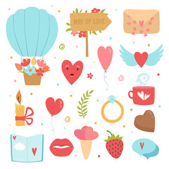 Love concept icons. Romance symbols marriage flowers hearts envelope cake vector flat pictures collection. Illustration romance elements and heart, expression love romantic