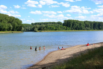 Fototapeta premium July 09 2020 - Germersheim/Germany: people swimming in rhine river and are relaxing