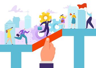 Boss help people to business goal achievement, vector illustration. Leader hand support team progress and success career. Cooperation work and teamwork growth concept, man hold way.